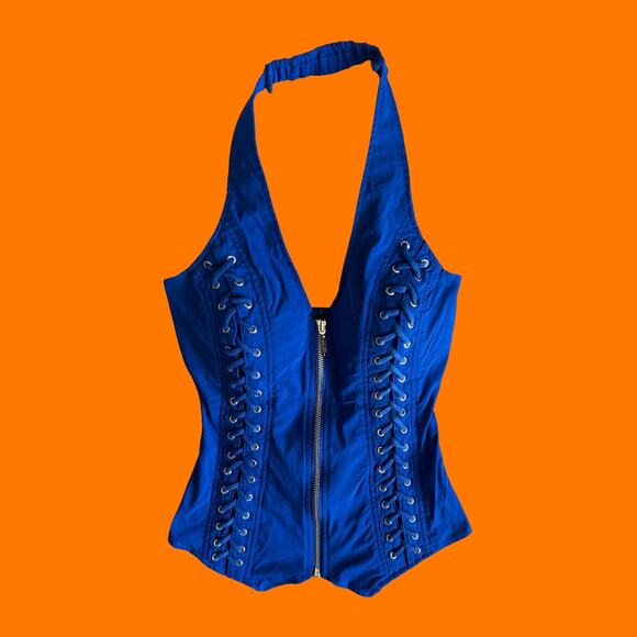 00's vintage blue lace up zipper bodycon y2k corset halter tank top SMALL - Picture 1 of 6